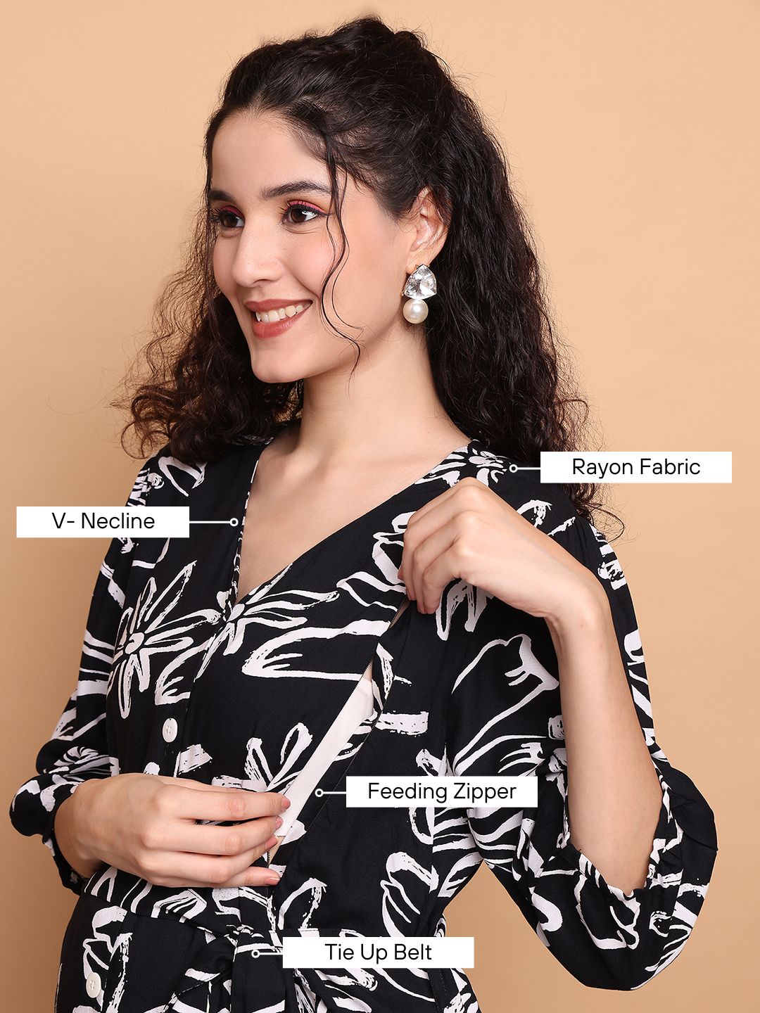 Black Floral Rayon Maternity Dress