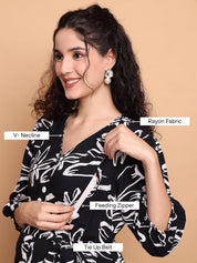 Black Floral Rayon Maternity Dress