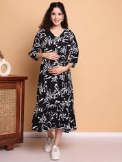 Black Floral Rayon Maternity Dress