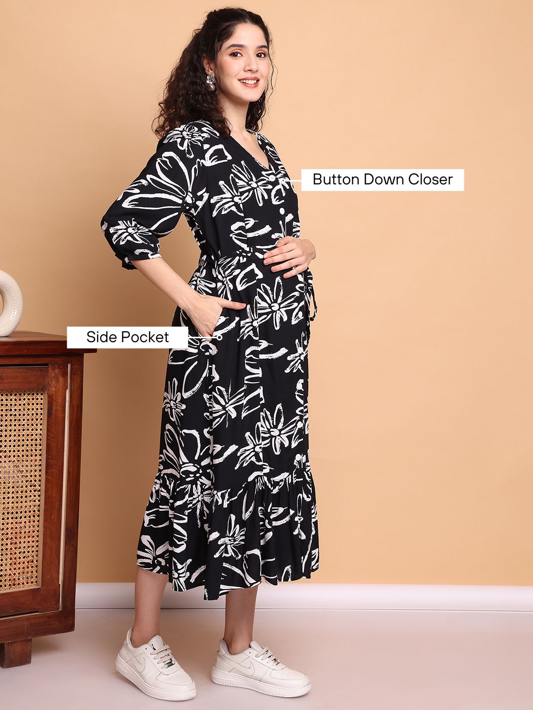 Black Floral Rayon Maternity Dress