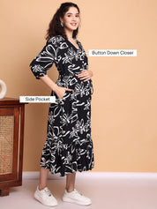 Black Floral Rayon Maternity Dress