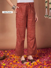 Rust Floral Cotton Maternity Kurta with Trouser and Dupatta