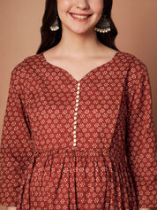 Rust Floral Cotton Maternity Kurta with Trouser and Dupatta