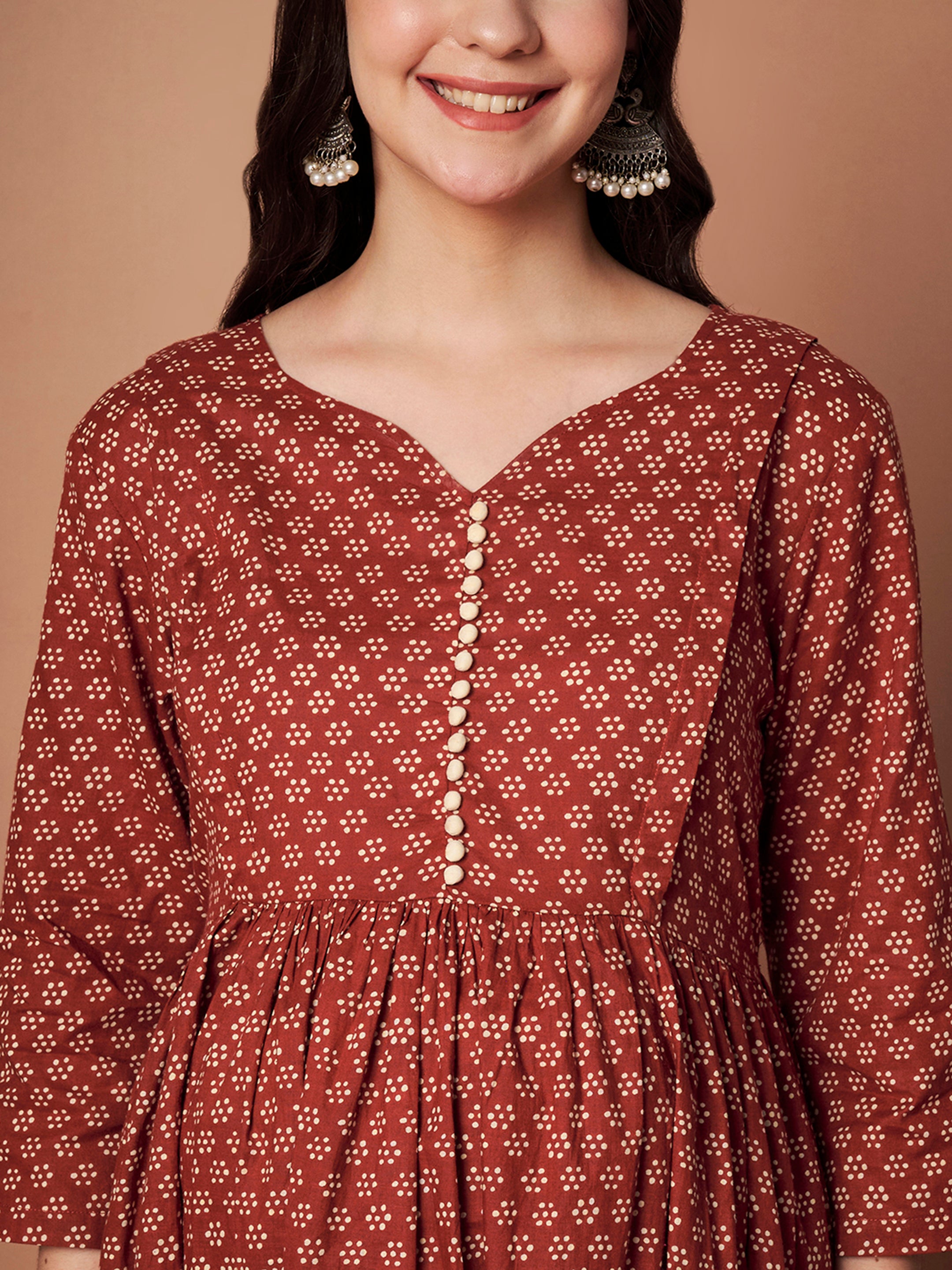 Rust Floral Cotton Maternity Kurta with Trouser and Dupatta