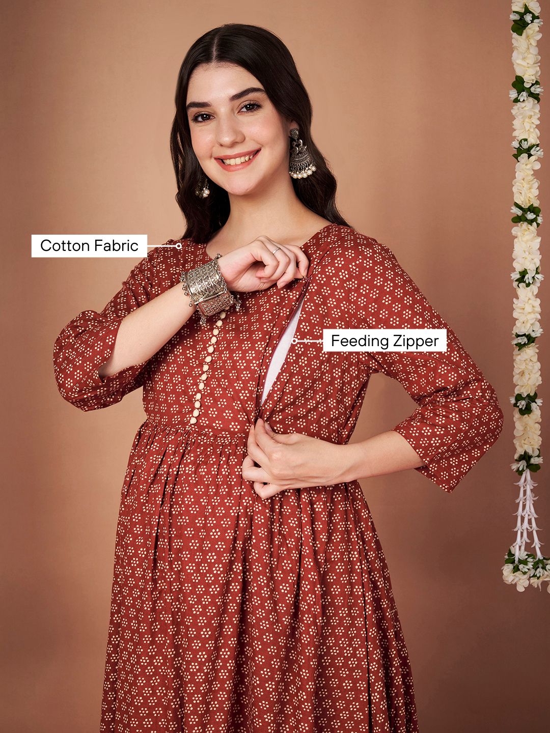 Rust Floral Cotton Maternity Kurta with Trouser and Dupatta