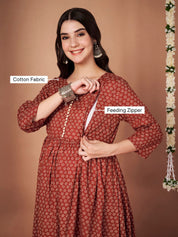 Rust Floral Cotton Maternity Kurta with Trouser and Dupatta