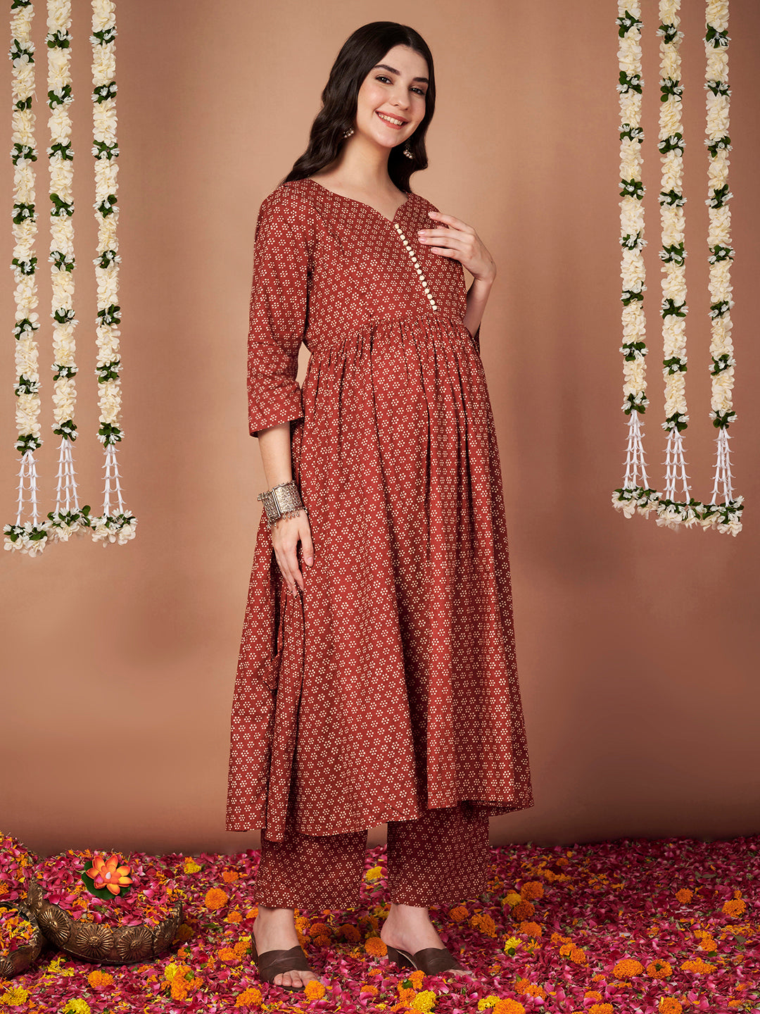 Rust Floral Cotton Maternity Kurta with Trouser and Dupatta