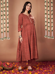 Rust Floral Cotton Maternity Kurta with Trouser and Dupatta