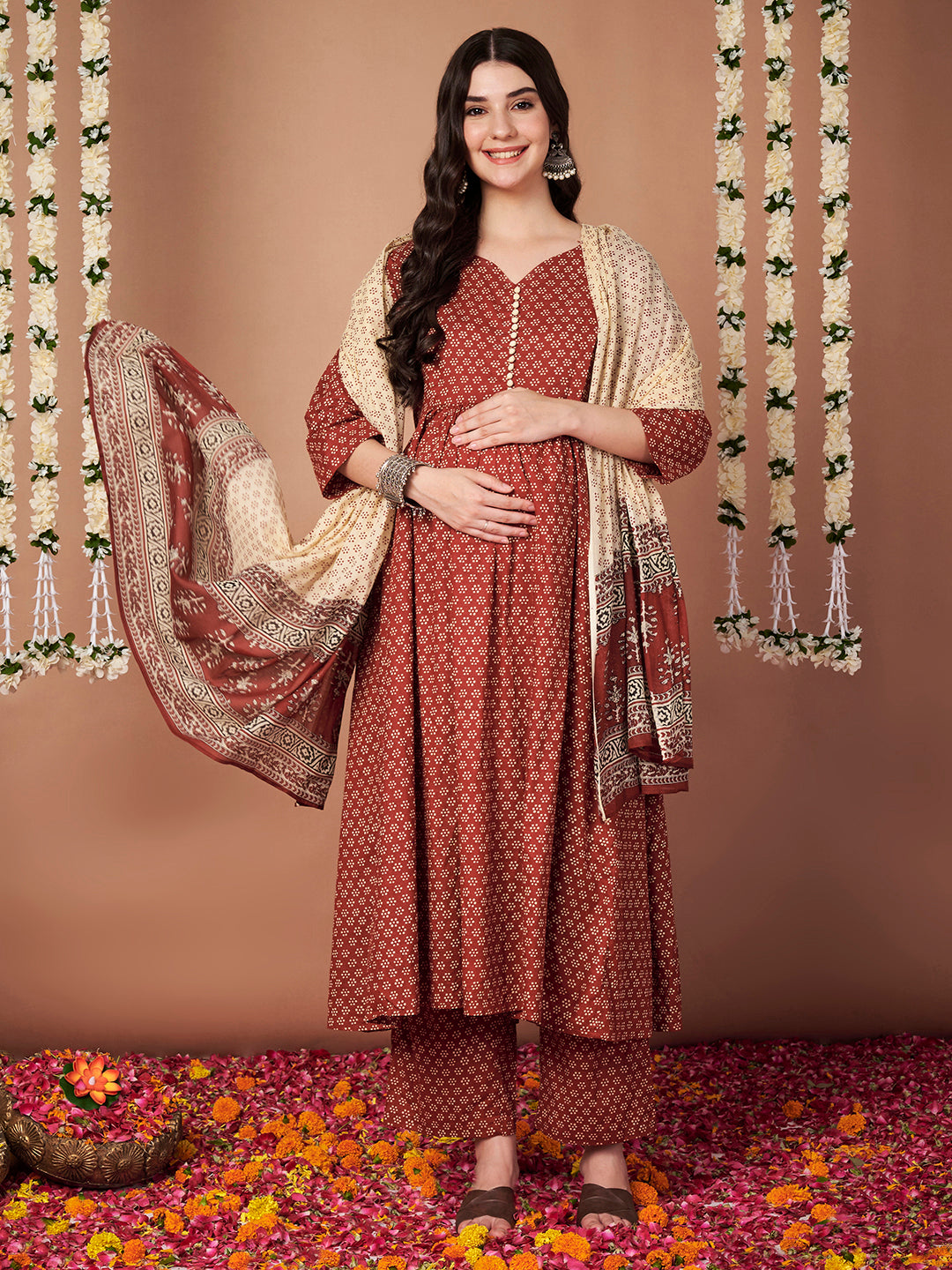 Rust Floral Cotton Maternity Kurta with Trouser and Dupatta