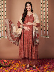 Rust Floral Cotton Maternity Kurta with Trouser and Dupatta