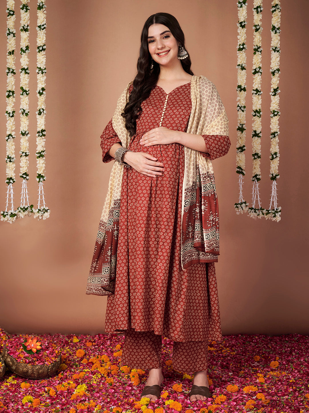 Rust Floral Cotton Maternity Kurta with Trouser and Dupatta