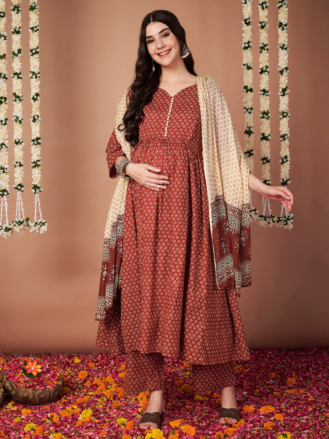 Rust Floral Cotton Maternity Kurta with Trouser and Dupatta