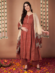 Rust Floral Cotton Maternity Kurta with Trouser and Dupatta