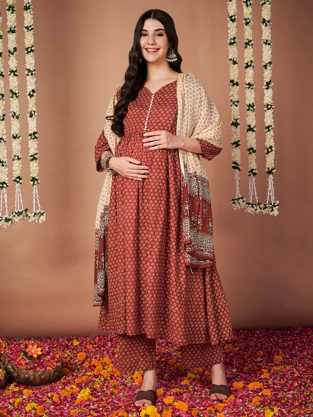 Rust Floral Cotton Maternity Kurta with Trouser and Dupatta