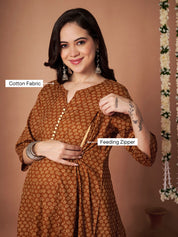 Mustard Floral Cotton Maternity Kurta with Trouser and Dupatta