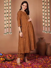 Mustard Floral Cotton Maternity Kurta with Trouser and Dupatta