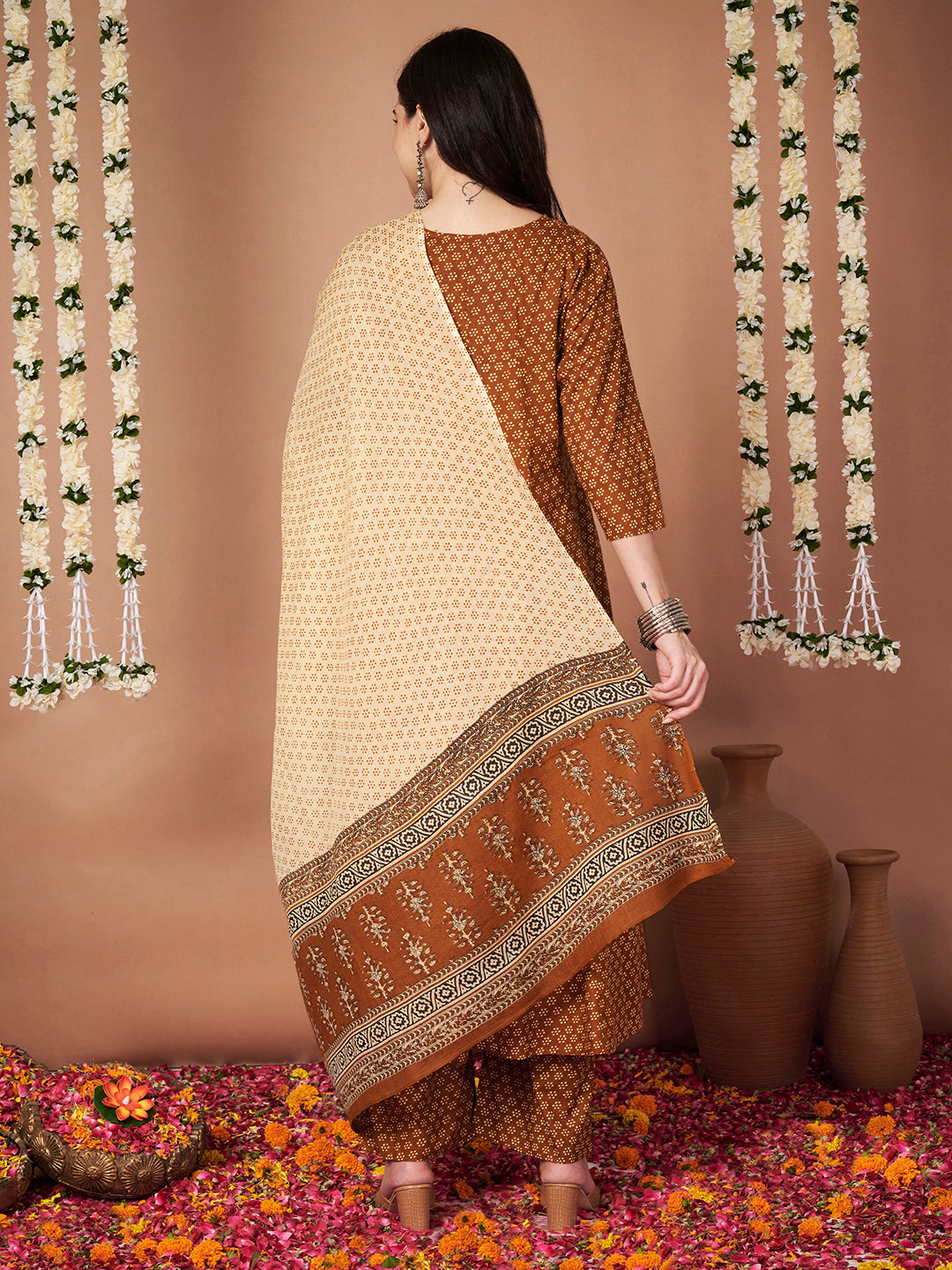 Mustard Floral Cotton Maternity Kurta with Trouser and Dupatta