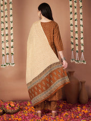 Mustard Floral Cotton Maternity Kurta with Trouser and Dupatta