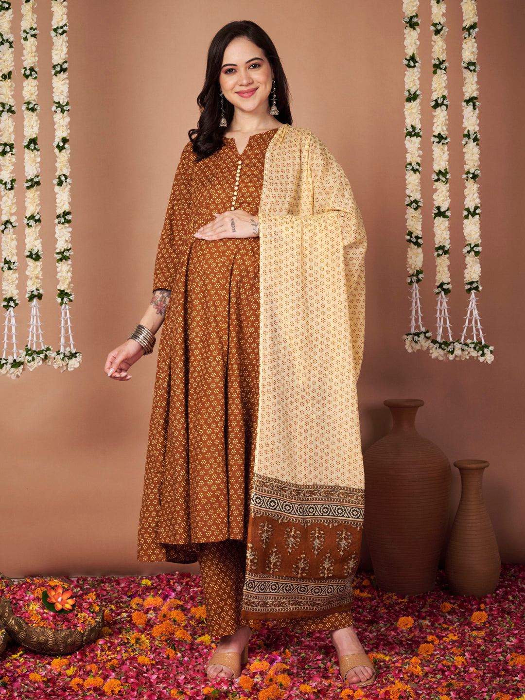 Mustard Floral Cotton Maternity Kurta with Trouser and Dupatta