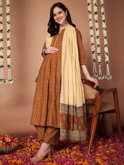 Mustard Floral Cotton Maternity Kurta with Trouser and Dupatta