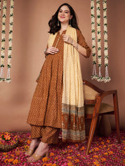 Mustard Floral Cotton Maternity Kurta with Trouser and Dupatta