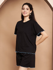 Black Solid Hosiery Night Suit