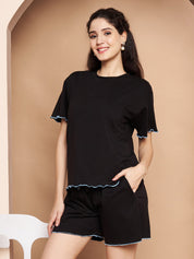 Black Solid Hosiery Night Suit