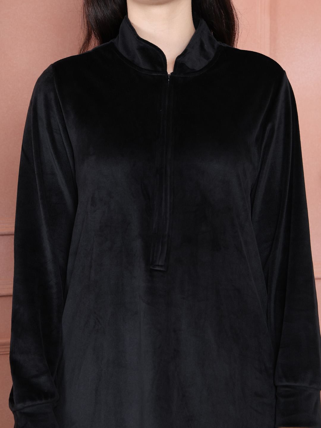 Secret Wish Black Solid Velvet Nighty Full Length