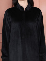 Secret Wish Black Solid Velvet Nighty Full Length