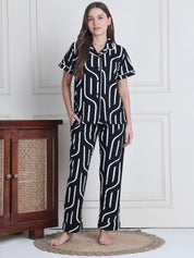 Secret Wish Black Abstract Hosiery Night Suit