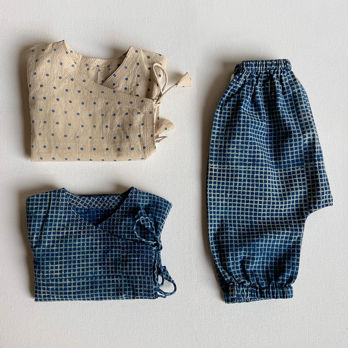 WHITEWATER KIDS UNISEX ORGANIC INDIGO ZOO BAG - RAIDANA AND CHECK ANGARAKHA + PANTS