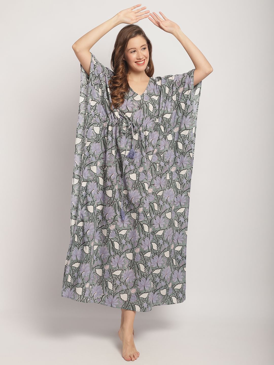 Green Floral Printed Kaftan Nightdress