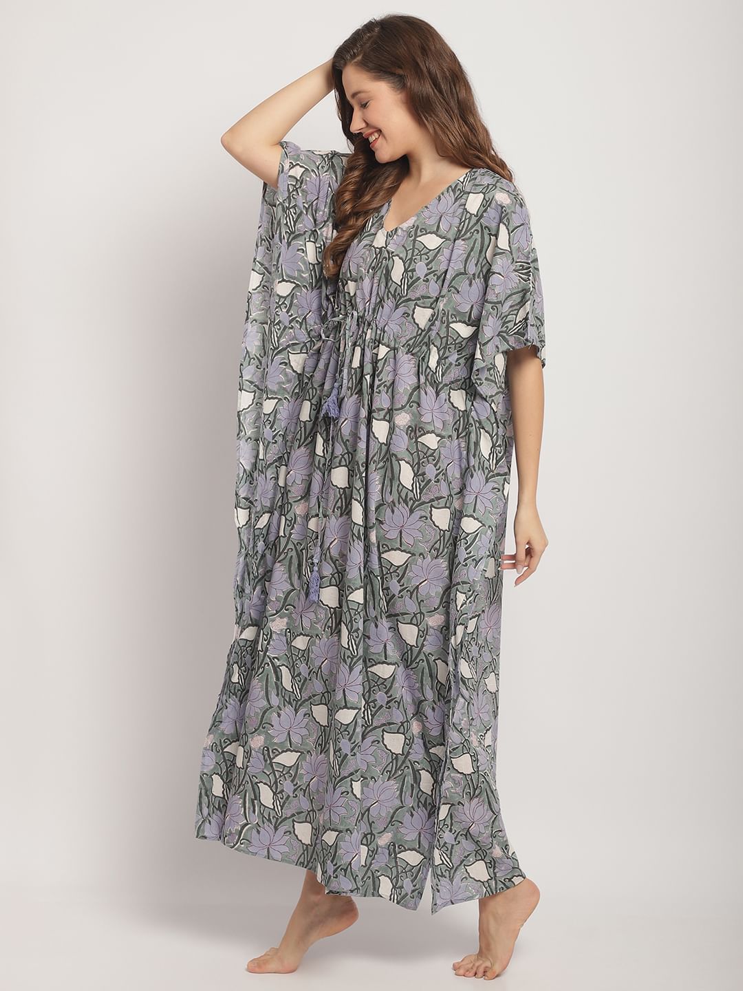 Green Floral Printed Kaftan Nightdress