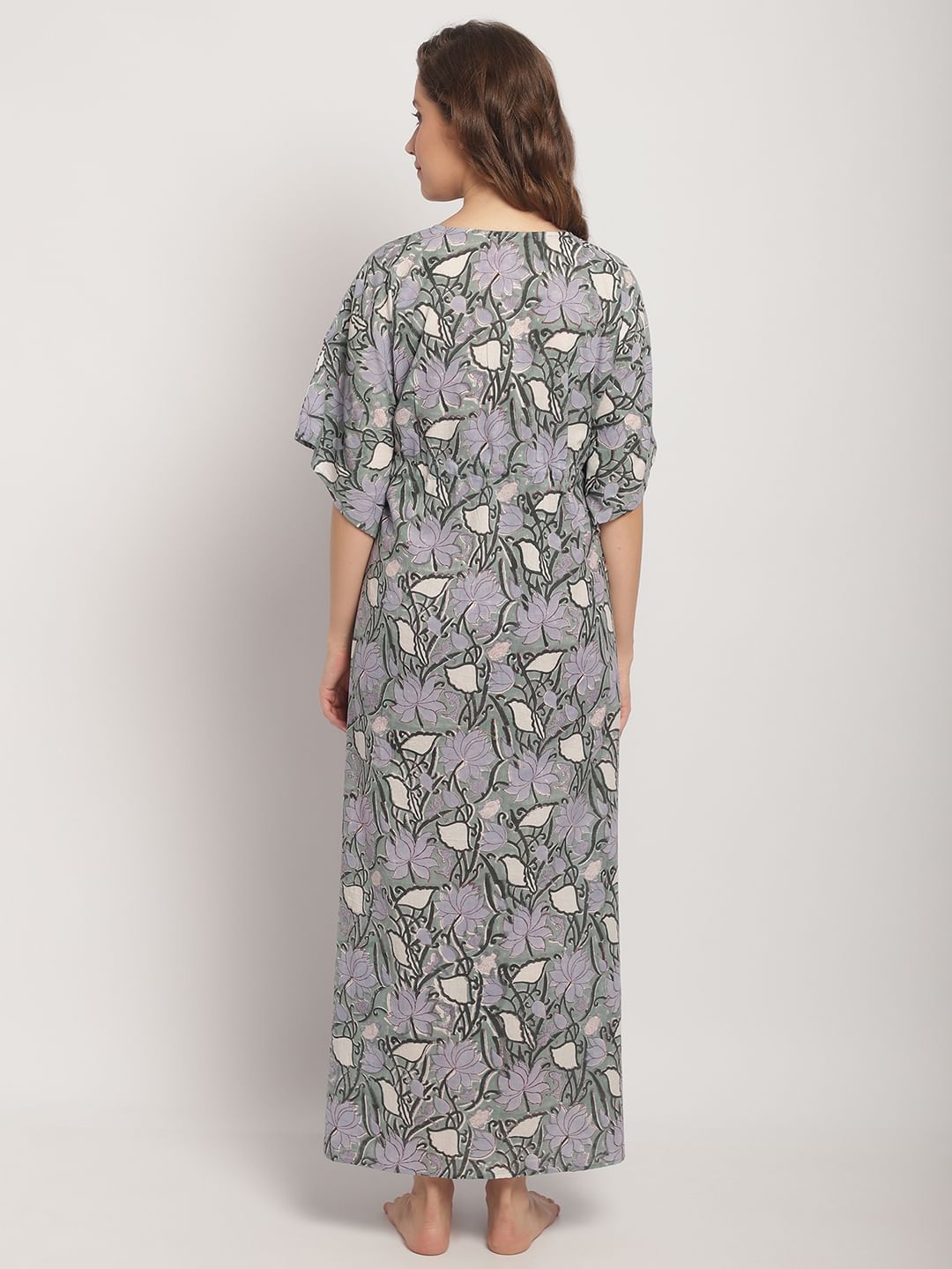Green Floral Printed Kaftan Nightdress