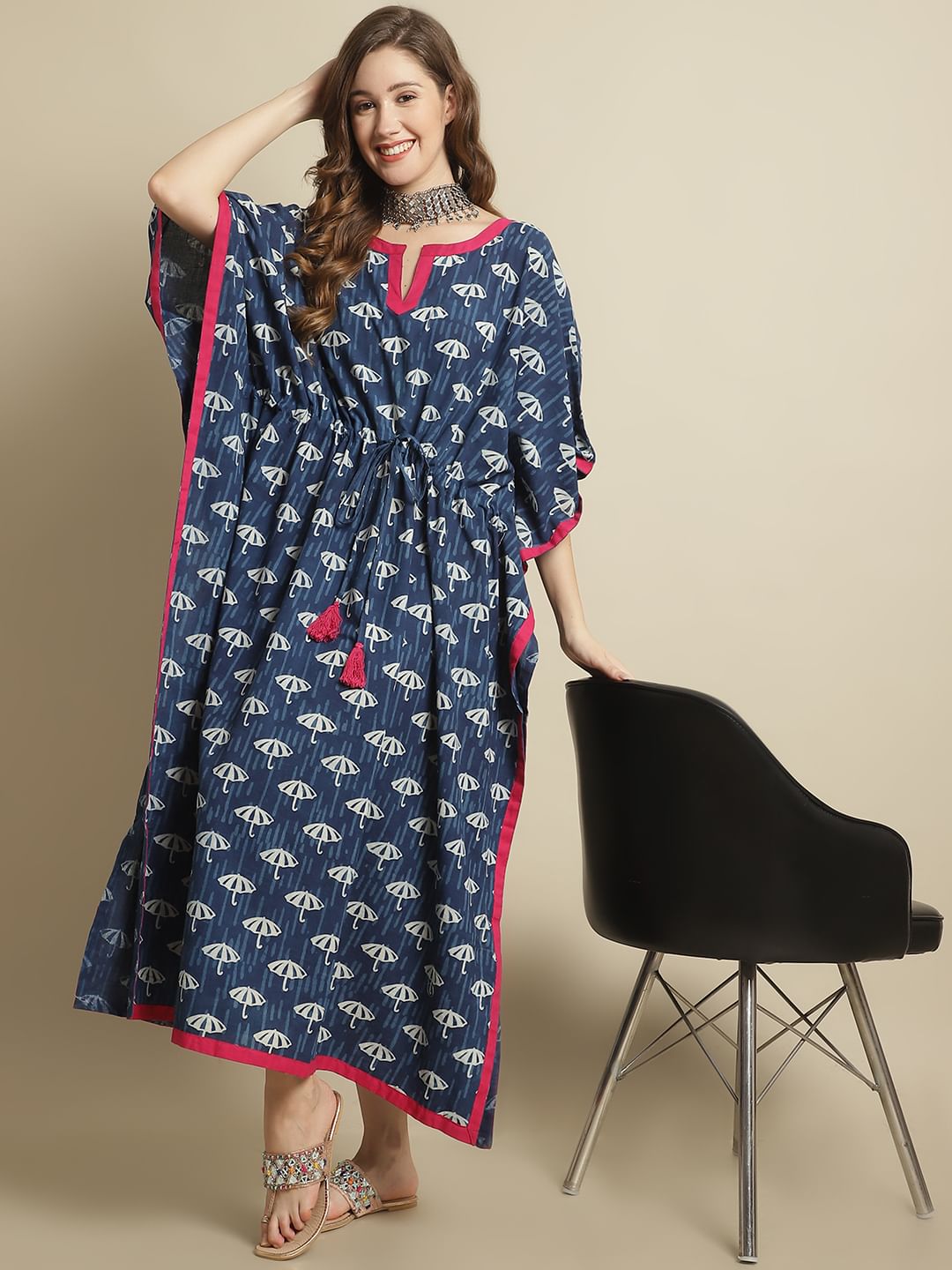 Indigo Dabu Print Kaftan Nighty