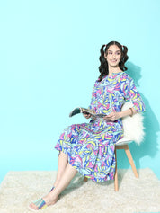 Blue Floral Printed Midi Dress