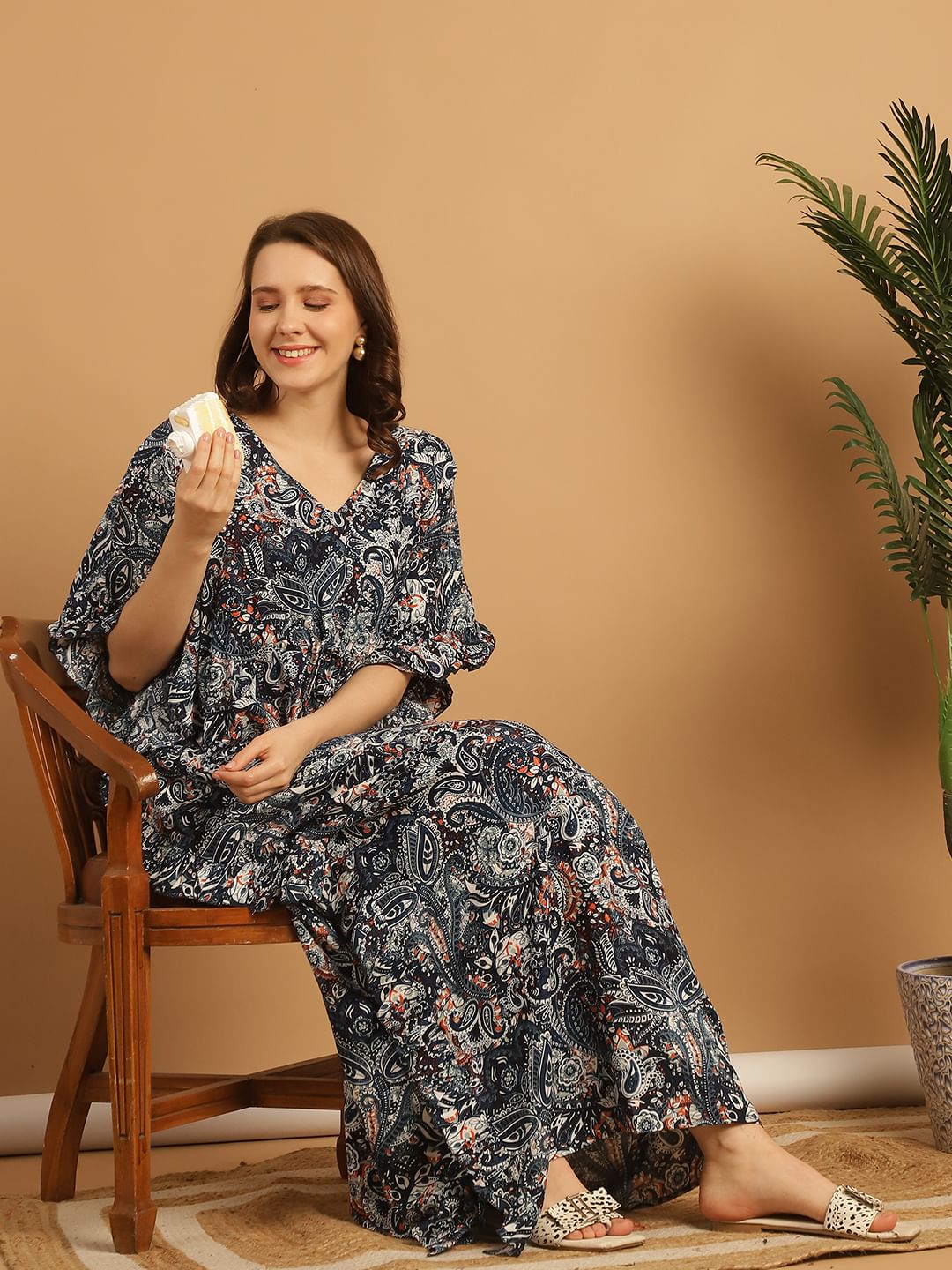 Navy Blue Floral Print Rayon Kaftan Nighty