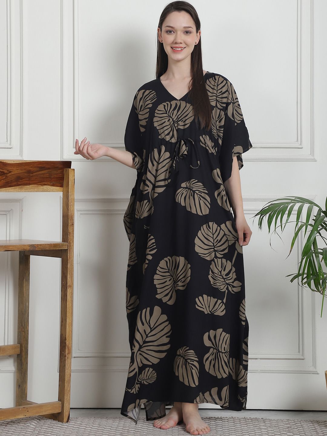 Floral Print Black Rayon Kaftan Nighty