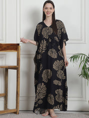 Floral Print Black Rayon Kaftan Nighty