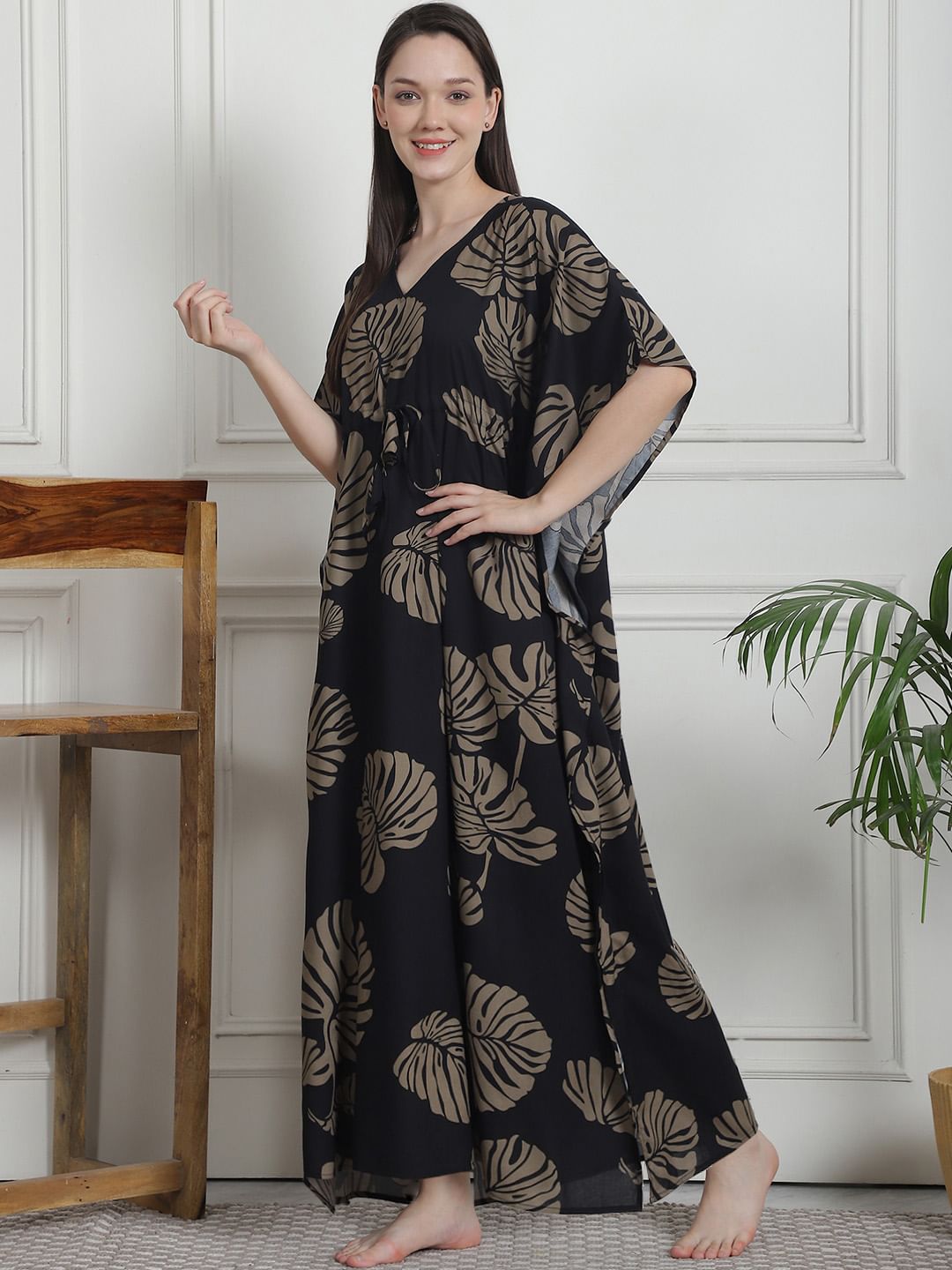 Floral Print Black Rayon Kaftan Nighty