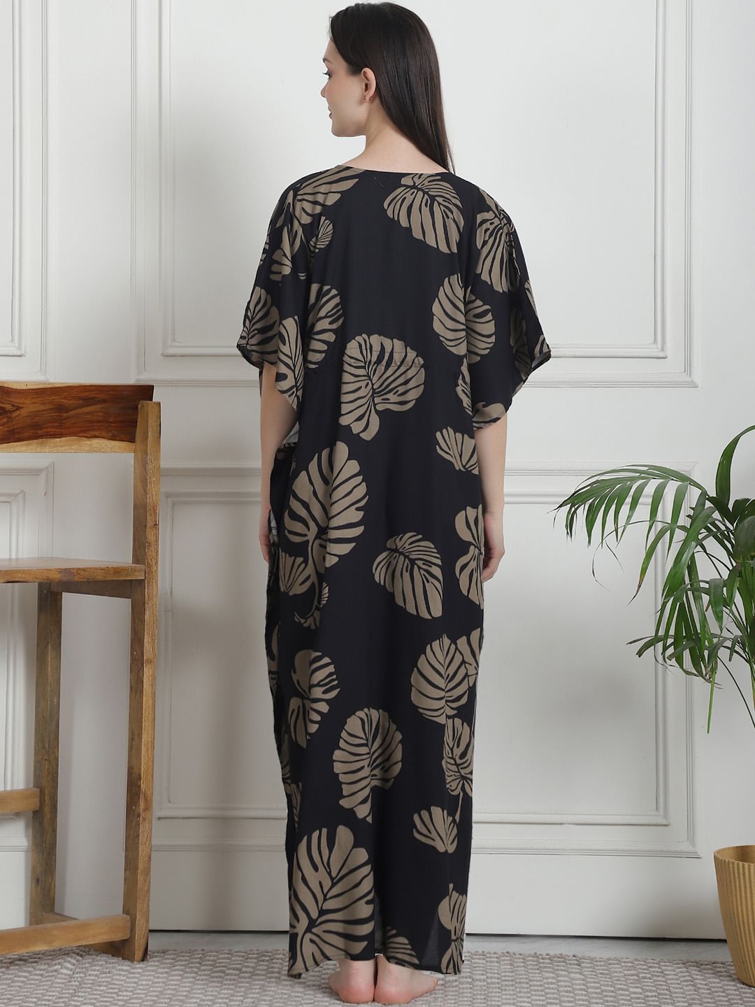 Floral Print Black Rayon Kaftan Nighty