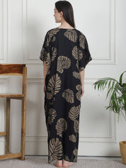 Floral Print Black Rayon Kaftan Nighty
