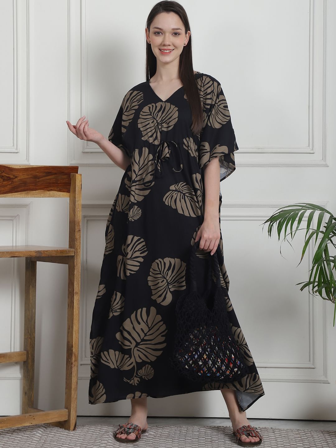 Floral Print Black Rayon Kaftan Nighty