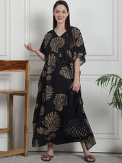 Floral Print Black Rayon Kaftan Nighty