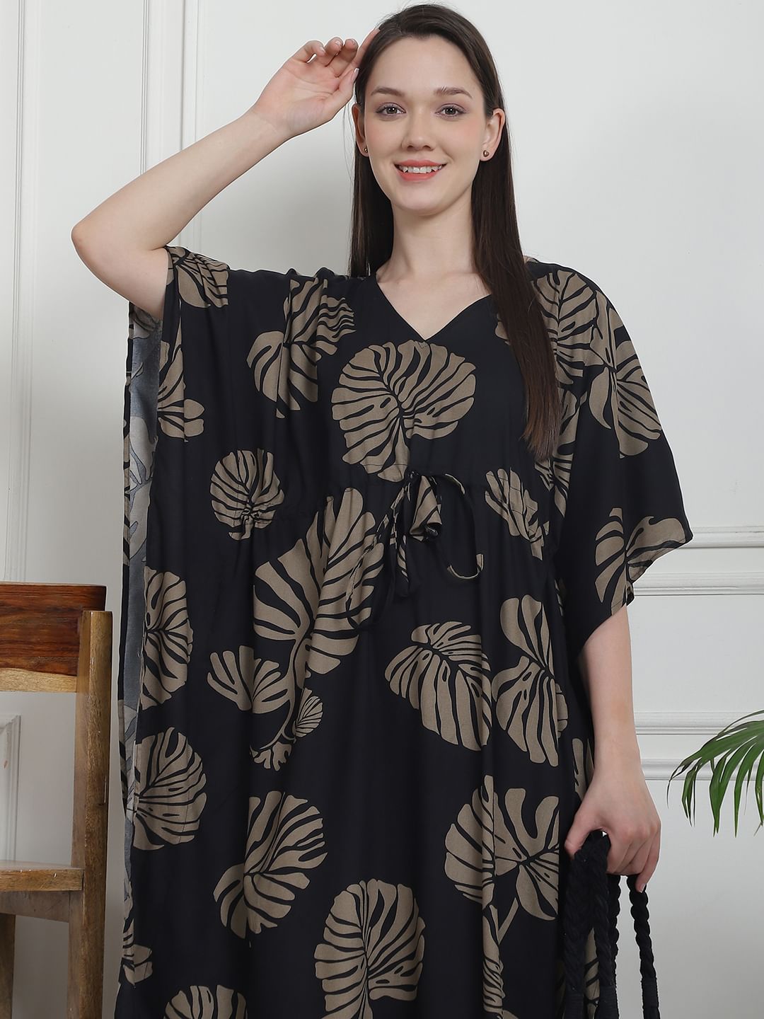 Floral Print Black Rayon Kaftan Nighty