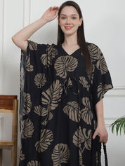 Floral Print Black Rayon Kaftan Nighty