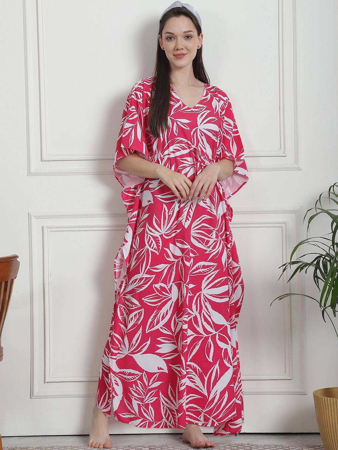 Floral Print Pink Rayon Kaftan Nighty