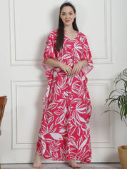 Floral Print Pink Rayon Kaftan Nighty