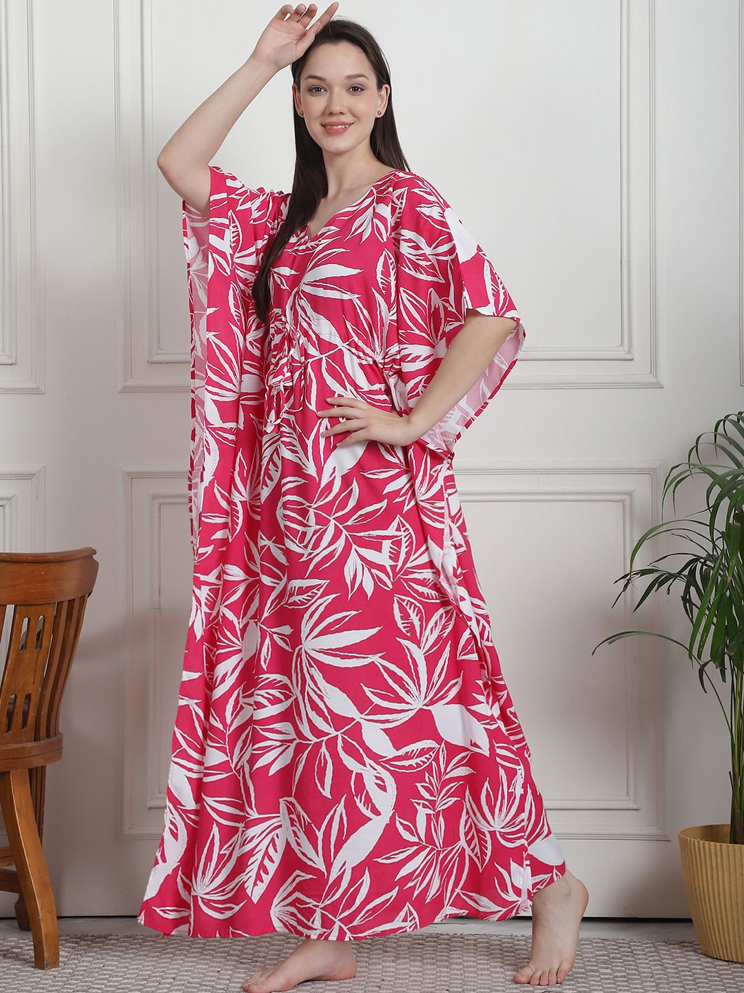 Floral Print Pink Rayon Kaftan Nighty