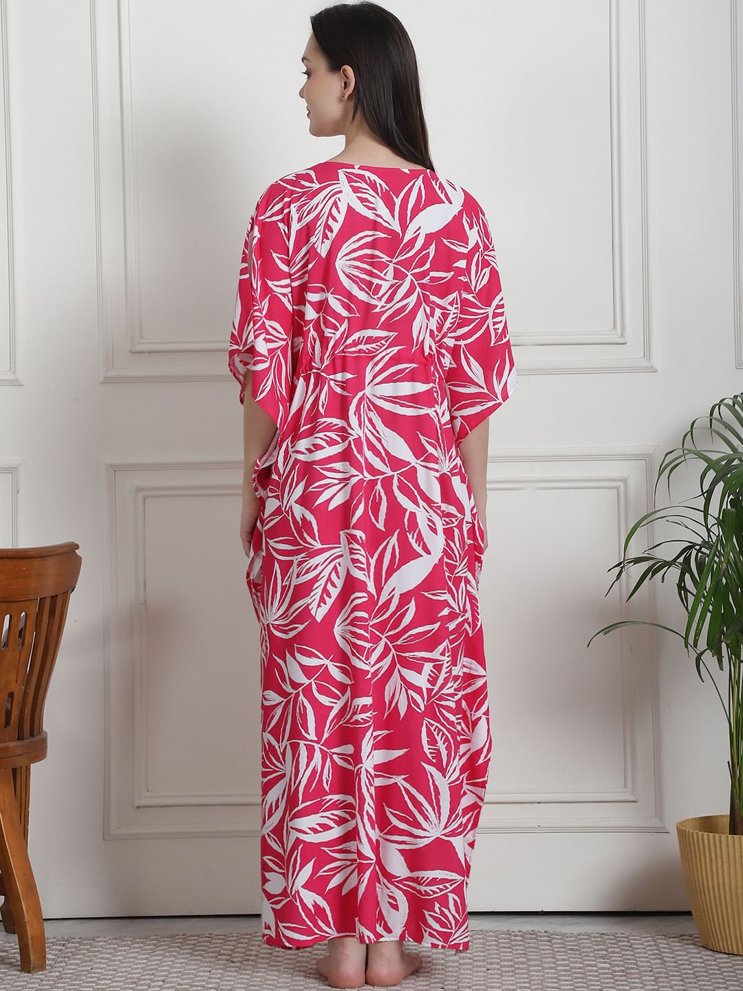 Floral Print Pink Rayon Kaftan Nighty